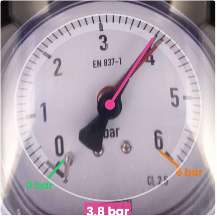 Manometer an einer Heizungsanlage, erkannter Wert 3,8 bar