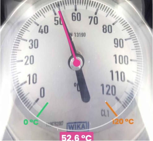 Analoges Zeigerthermometer, erkannter Wert 52,6 Grad Celsius
